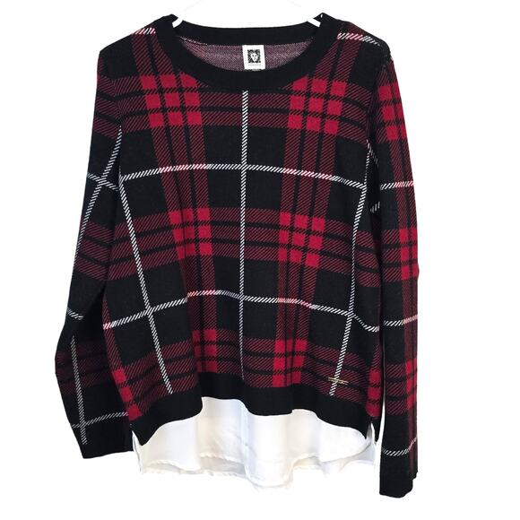 Anne Klein Sweater Women's M Red Black Plaid Layered Academia Classy Career Chic - Picture 1 of 9